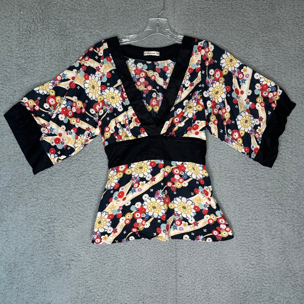 Forever 21 Kimono Top Small Black V-Neck Tie Back Wide Sleeve Blouse Cotton